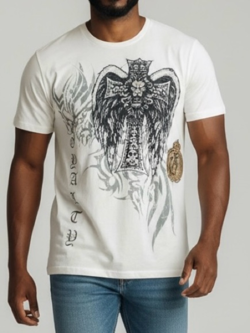 Men’s Key Closet Lionhead with wings & cross white t-shirt | couture NWT size S.